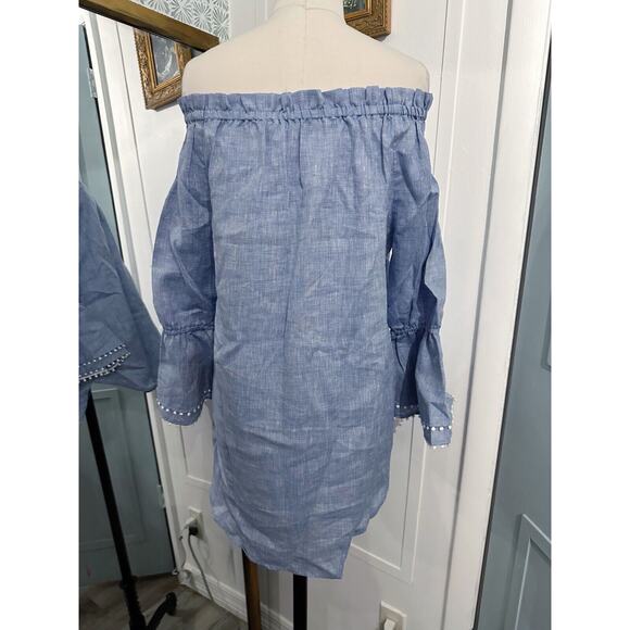 COPY - Sara Campbell Off The Shoulder Linen Blue Top Blouse Size Small Bell Sle… - Picture 3 of 6